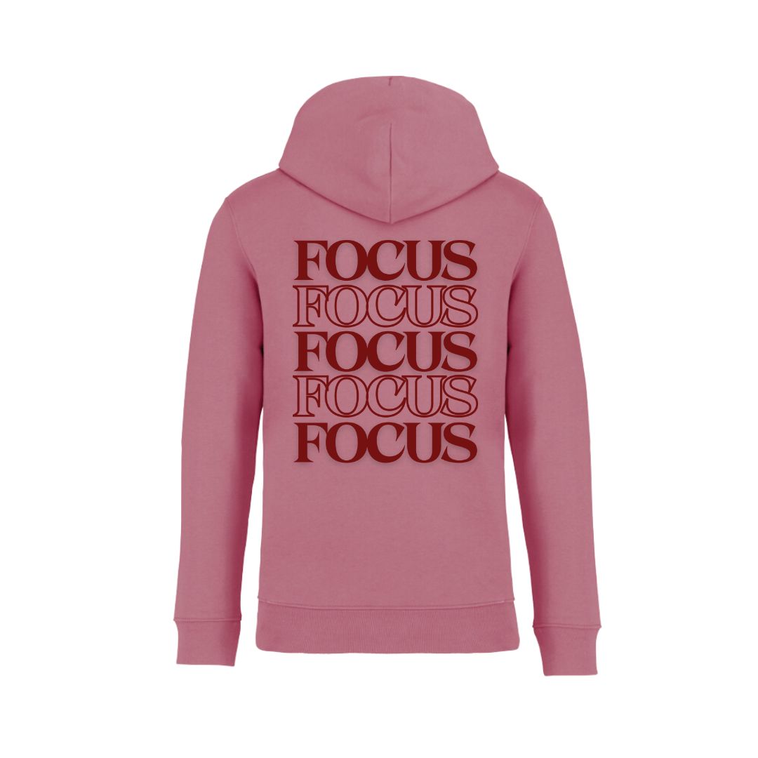 Een roze hoodie van hoge kwaliteit  en biologisch katoen met rode print op de achterzijde, van het merk FAEROS. 