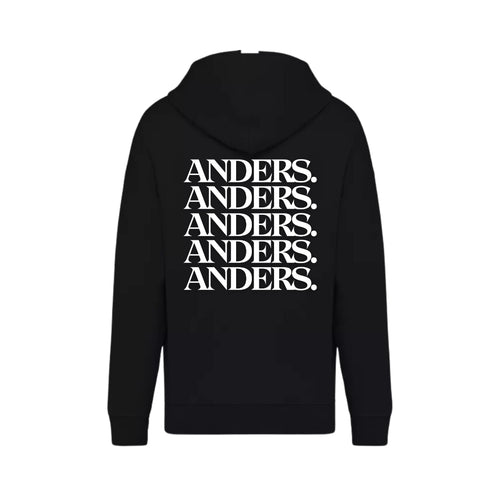 Zwarte oversized hoodie van dikke stof van het merk FAEROS. Print op de achterkant heeft 5x het woord ANDERS.